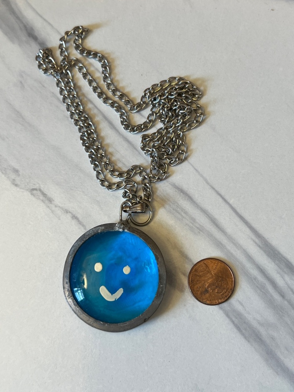 Smiley Face Pendant Necklace Blue Glass Metal 30 inch Chain 1970s